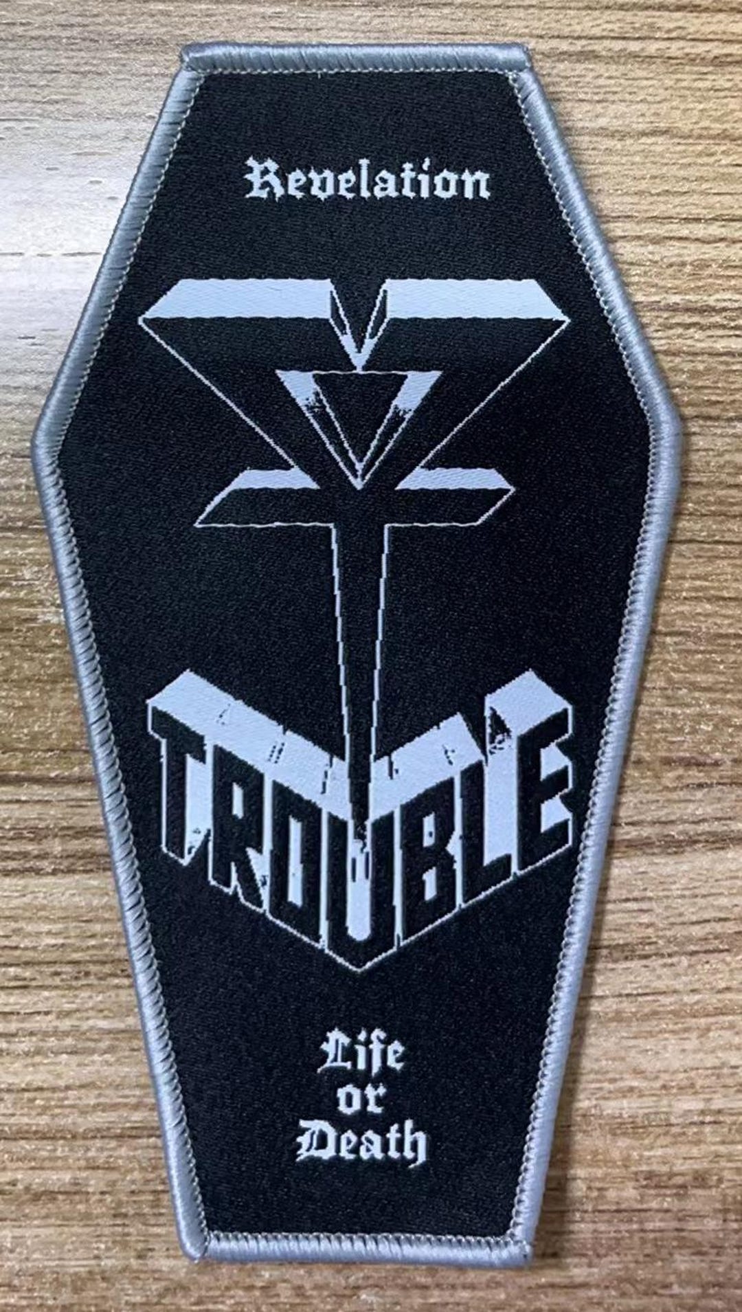 Trouble Coffin Shaped Woven Patch Heavy Metal Death Black Thrash Speed ...