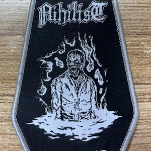 Nihilist drowned Coffin Shaped Woven patch heavy metal death black thrash speed grindcore crust doom cartoon novelty patches sew-on