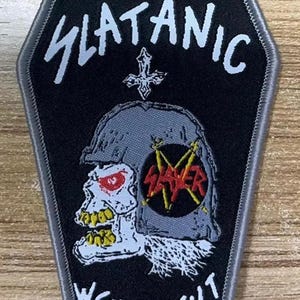 SLAYER slatanic Coffin Shaped Woven patch heavy metal death black thrash speed grindcore crust doom cartoon novelty patches sew-on