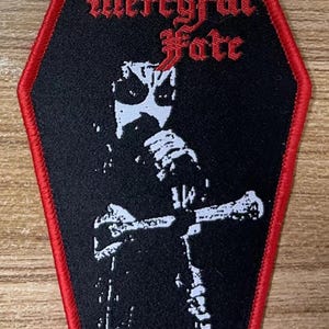 Mercyful satans fall Coffin Shaped Woven patch heavy metal death black thrash speed grindcore crust doom cartoon novelty patches sew-on