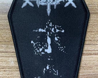 Sarcofago Inri Coffin Shaped Woven Patch Heavy Metal Death Black