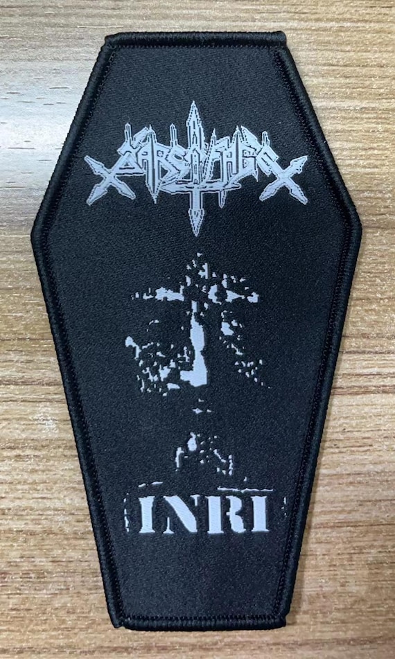 Sarcofago Inri Coffin Shaped Woven Patch Heavy Metal Death Black