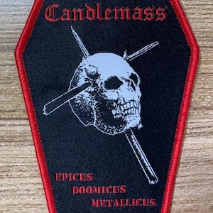 EPICUS Doomicus Coffin Shaped Woven patch heavy metal death black thrash speed grindcore crust doom cartoon novelty patches sew-on