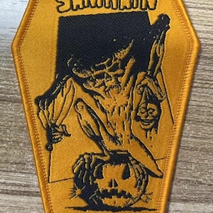 SAMHAIN pumpkin Coffin Shaped Woven patch heavy metal death black thrash speed grindcore crust doom cartoon novelty patches sew-on