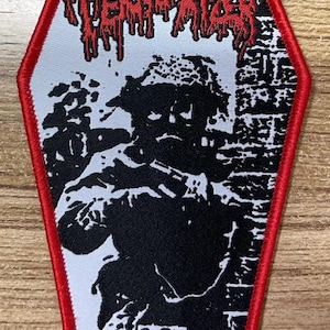 Terrorizer Coffin Shaped Woven patch heavy metal death black thrash speed grindcore crust doom cartoon novelty patches sew-on