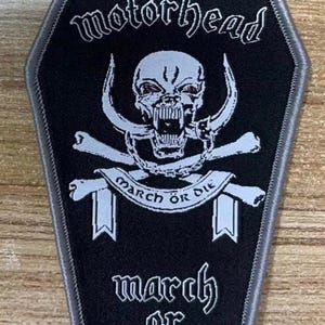MOTORHEAD March Die Coffin Shaped Woven patch heavy metal death black thrash speed grindcore crust doom cartoon novelty patches sew-on