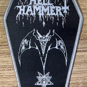 HELLHAMMER satanic rites Coffin Shaped Woven patch heavy metal death black thrash speed grindcore crust doom cartoon novelty patches sew-on