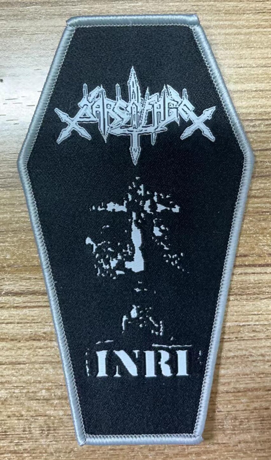 Sarcofago Inri Coffin Shaped Woven Patch Heavy Metal Death