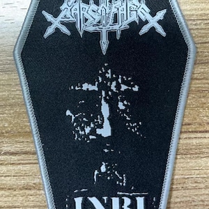 Sarcofago inri Coffin Shaped Woven patch heavy metal death black thrash speed grindcore crust doom cartoon novelty patches sew-on