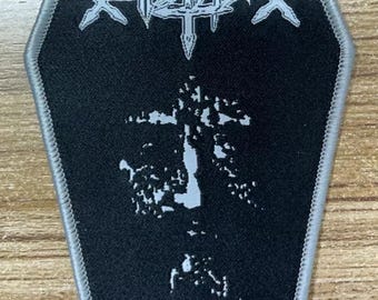 Sarcofago Inri Coffin Shaped Woven Patch Heavy Metal Death Black