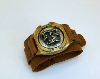 Skull bracelet, leather bracelet, steampunk bracelet, Hipster bracelet, Contemporary bracelet, heavy metal, motorcycle  bracelet, handmade