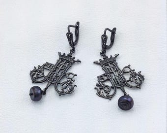 Sterling Solid Silver Earrings Steampunk, Gothic Earrings, Black Pearls, Victorian Earrings, Watch Clock Parts, Hipster Handmade Earrings