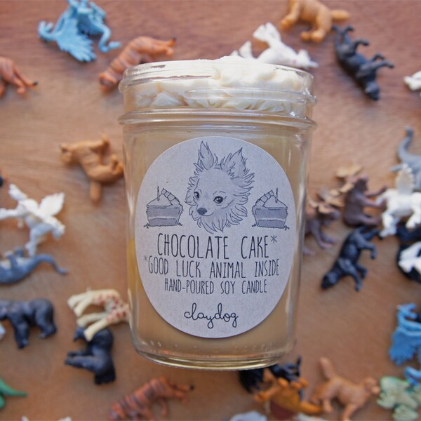 Chocolate Cake - 8oz, 100% Soy Candle, Chocolate & Vanilla Scent, Surprise Good Luck Animal Inside - Claydog Boston