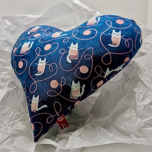 Heart Shaped Pillow - Knittin&#39; Kittens on Blue Background