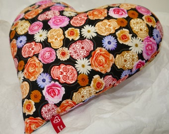 Heart Shaped Pillow - Sugar Skulls & Flowers - Calavera - On Black