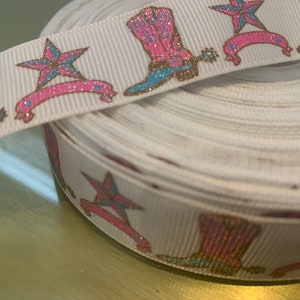 7/8" Western Horse boot glitter on white grosgrain ribbon