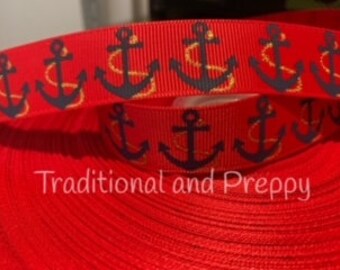 3 Yards 7/8" Navy anchor with gold glitter on RED Nautical grosgrain