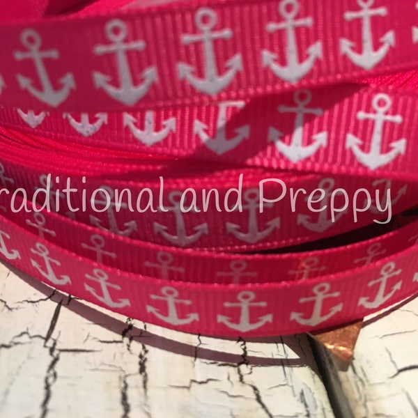 3 yards 3/8" Preppy White glitter Anchor on HOT PINK Nautical Grosgrain Ribbon