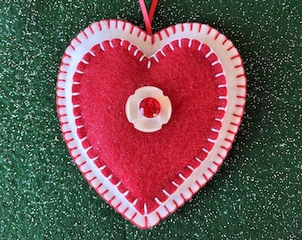 Felt Heart Buttons Ornament, MOP Vintage Button with Red Glass Button, on Hearts, great Gift