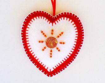 Vintage Button on Felt, Ornament, Red Glass Button with Gold Detail, on White Heart