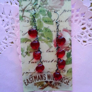 Red Glass Vintage Buttons, Earrings, Dangle, Gunmetal