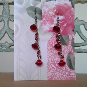 Red Glass Vintage Buttons, Earrings, Dangle, Gunmetal, Red glass beads