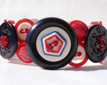 Red, White & Blue, Patriotic, Vintage Buttons Bracelet, 4th of July, Cuff Style, OOAK, on SALE