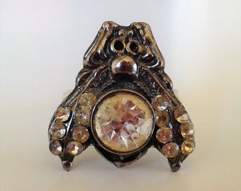 Vintage Fly Button Ring, Silver, Rhinestones, Insect, Cocktail, Size 6.5