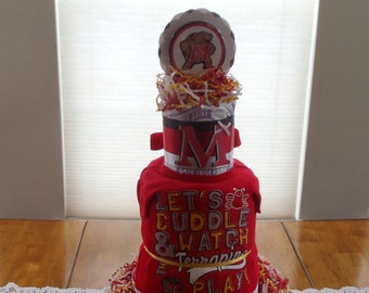 Red /White/Yellow Girl Maryland Terps Baby Fan Diaper Cake & Centerpiece// Children, Handmade, baby Shower gift, New Mom, Sports Diaper Cake