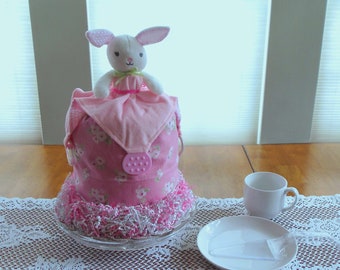 Rose Bunny Drip Diaper Cake & Shower Centerpiece// Handmade, Children, New Baby, New Mom, Baby, Unique Drip Diaper Cake