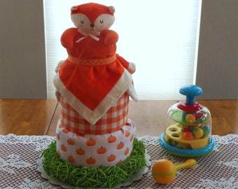 Pumpkin Fox Grow With Me Diaper Cake & Shower Centerpiece/ Handmade, Children, New Baby, New Mom, Baby Gift, Unique Cake