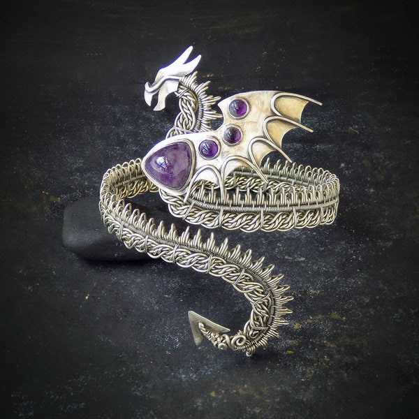 Woman upper arm cuff  wire wrapped dragon bracelet with amethyst Dragon jewelry