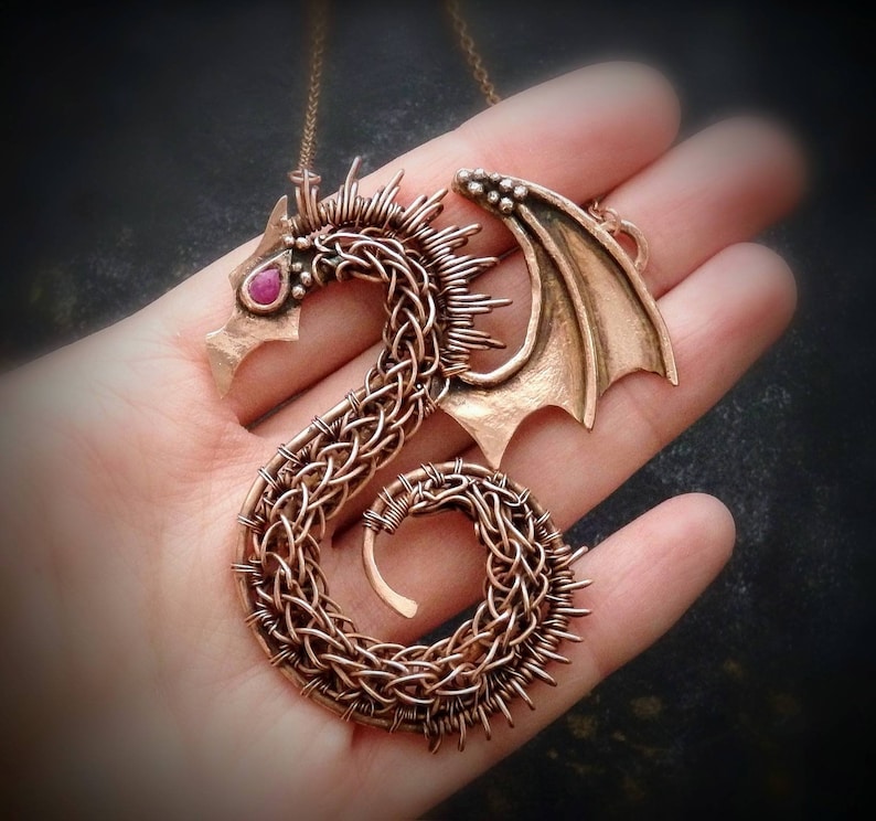 Copper dragon wire wrapped necklace with corundum Etsy