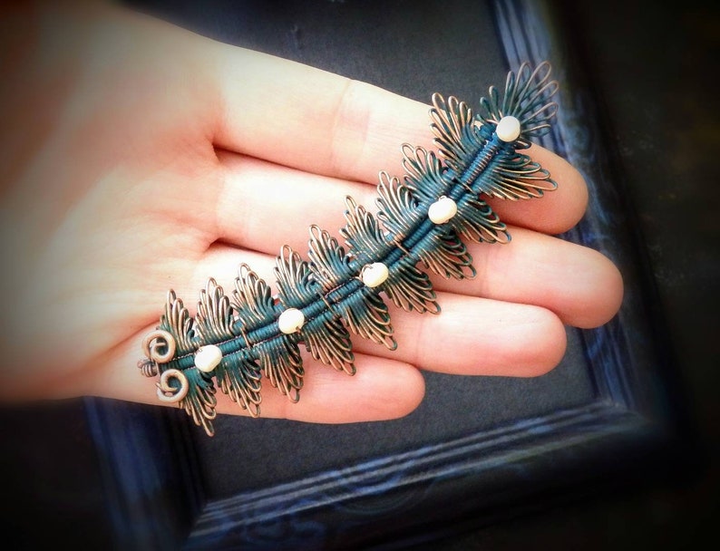 Wire wrapped copper shawl brooch pin with pearls Blue patina Plant brooch Summer brooch