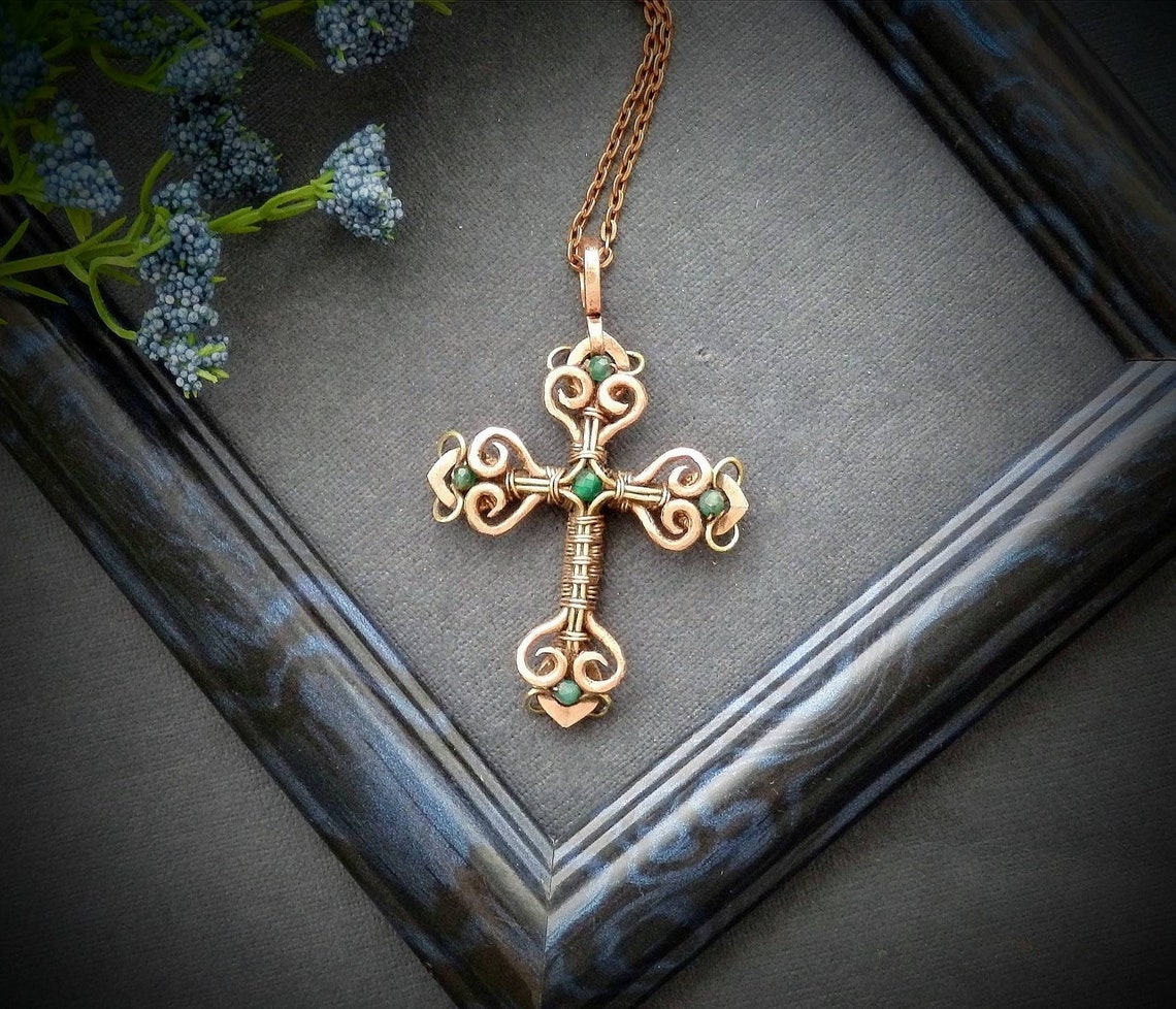 Copper wire wrapped cross necklace Onyx necklace Celtic Etsy