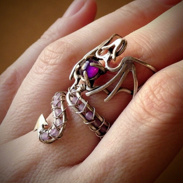 Dragon wire wrap ring, amethyst jewelry