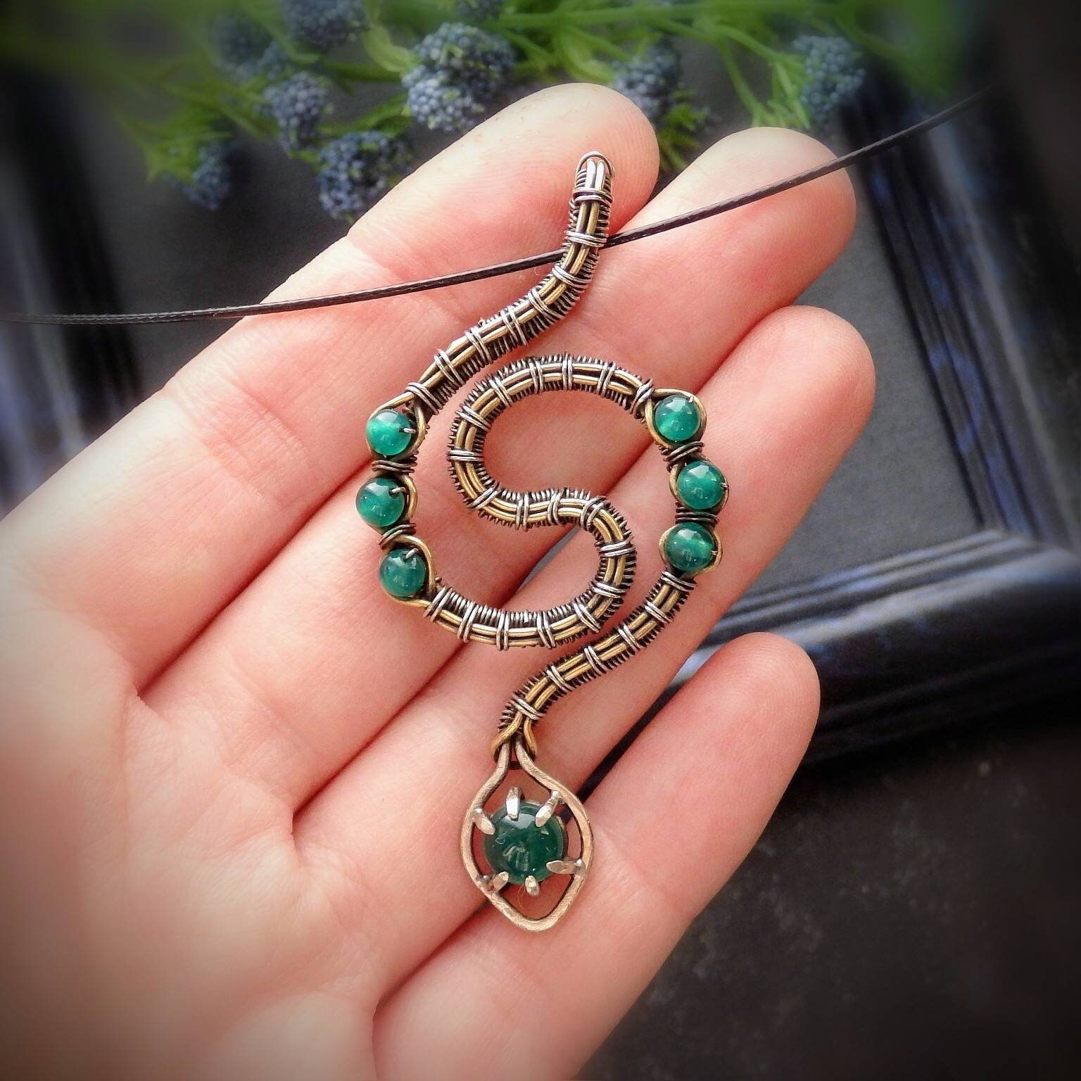 Wire wrapped snake pendant with chalcedony Snake jewelry Etsy