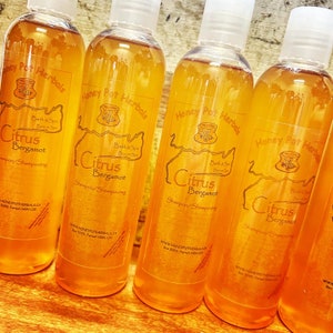 Könnte beinhalten: Reihe klarer Plastikflaschen, gefüllt mit einer gold-orangenen Flüssigkeit. Jede Flasche hat einen weißen Deckel und ein Etikett mit der Aufschrift "Honey Pot Herbals Citrus Bergamot Shampoo/Shampooing". Die Flaschen stehen auf einer Holzoberfläche.