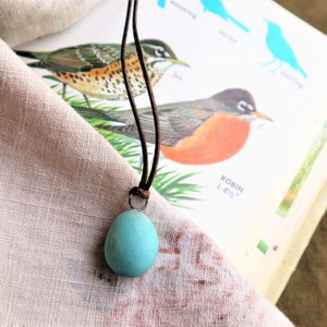 May include: A turquoise blue egg-shaped pendant on a brown leather cord necklace. The necklace is laying on a white fabric surface with a book featuring illustrations of birds in the background. The book includes the text "ROBIN L 8 1/2"