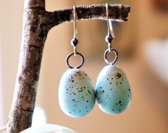Pottery Bird Egg Earrings, Turquoise Blue Song Sparrow Design
