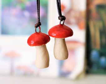 Handmade Ceramic Mushroom Pendant: Red Fungi Necklace (16-18 inch cord)