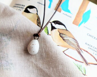 bird egg pendant/chickadee bird egg/white with brown spots