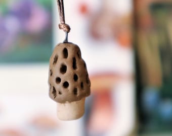 Handmade Ceramic Morel Mushroom Pendant: Nature Lover Gift
