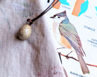 Pottery Titmouse Bird Egg Pendant: Cream White with Brown Spots