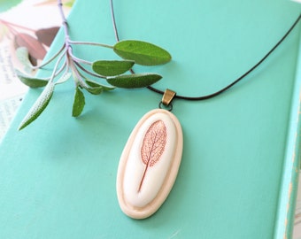 Handmade Pottery Sage Leaf Pendant: White Clay Necklace