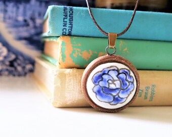 Handmade Pottery Rose Pendant: Blue Floral Ceramic Jewelry