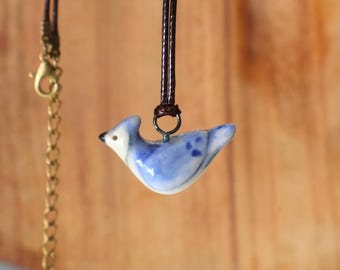 Handmade Ceramic blue jay Pendant: Pottery Clay Bird Necklace