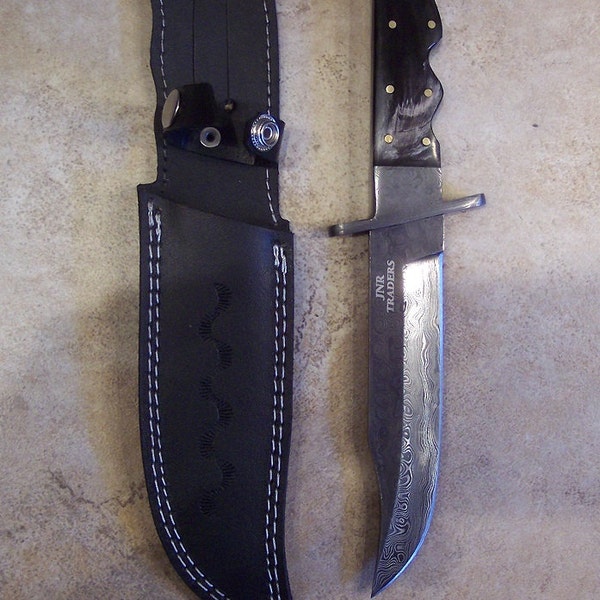 Custom Handmade knife with Damascus Steel single Edged Bowie Style Blade with heavy duty custom leather sheath