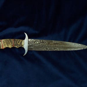 Custom Handmade knife with Firestorm pattern Damascus Steel Double Edged Toothpick Style Blade with heavy duty custom leather sheath