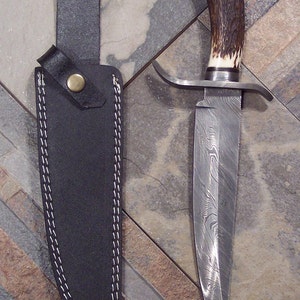 Custom Handmade knife with Damascus Steel Single Edged Bowie Style Blade with heavy duty custom leather sheath